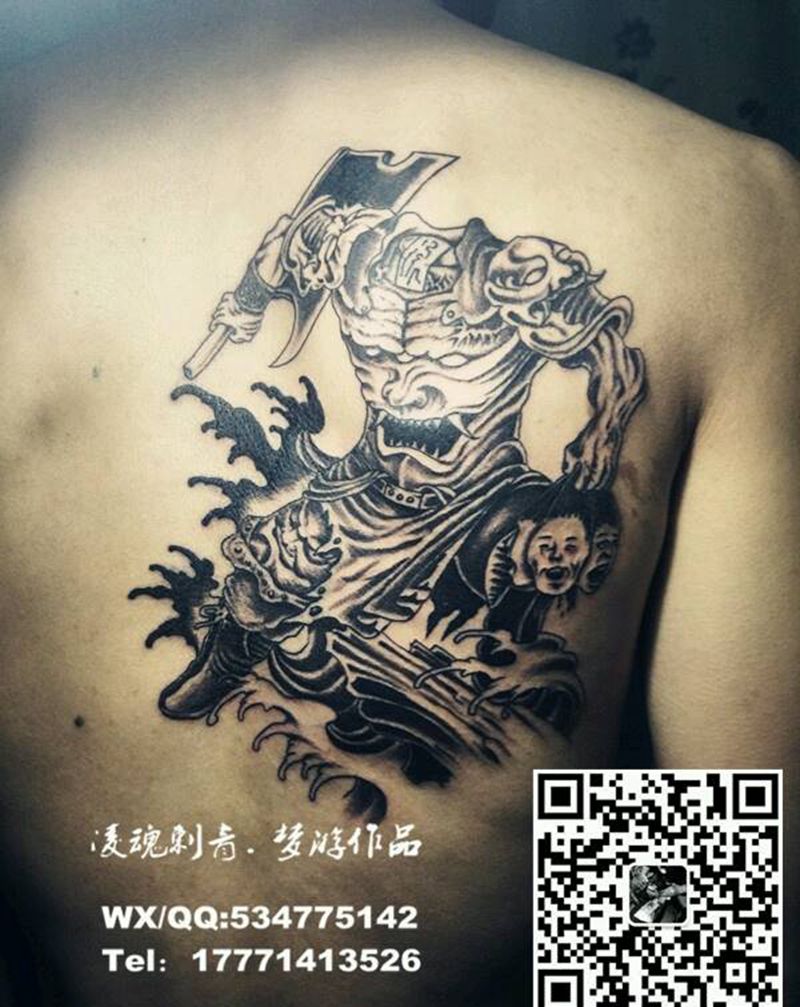 后背刑天纹身图片_背部传统人物鬼神成品纹身图案