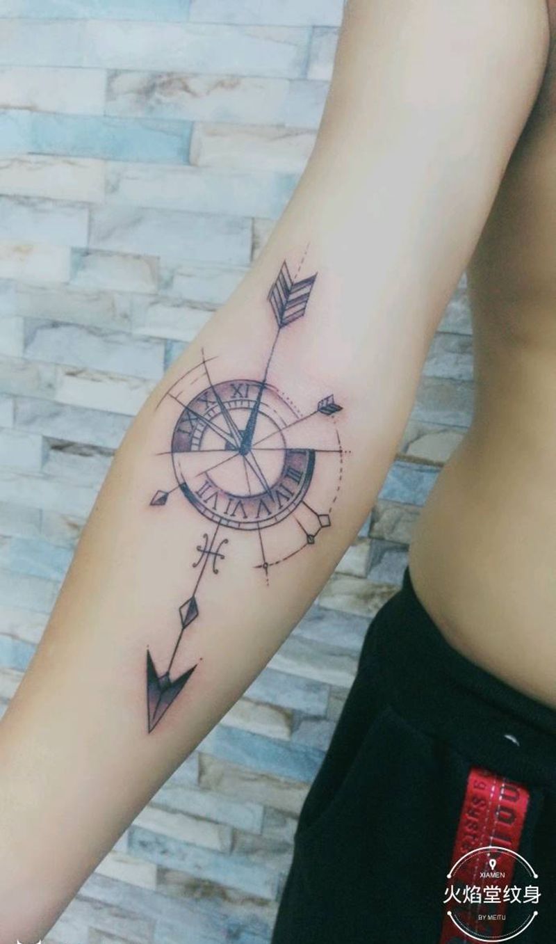 个性时钟纹身图片_手臂新传统纹身图案