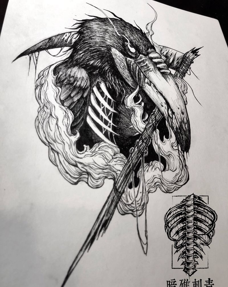 暗黑犀鸟设计稿纹身图片