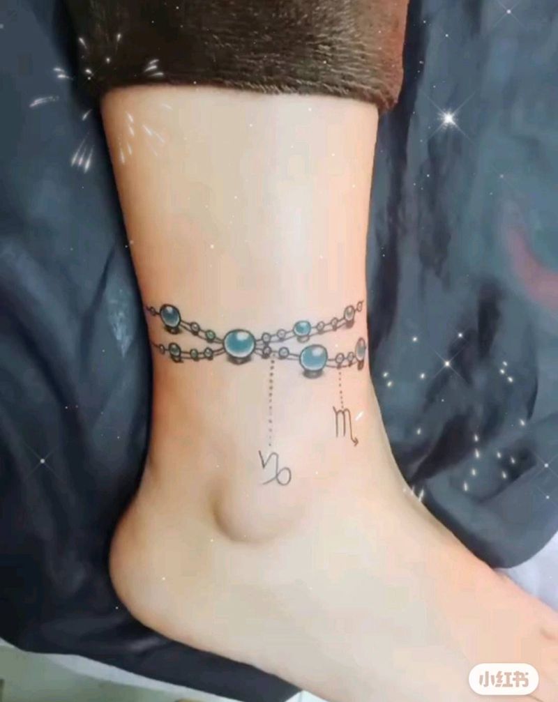 脚链纹身图片_脚部新传统纹身图案