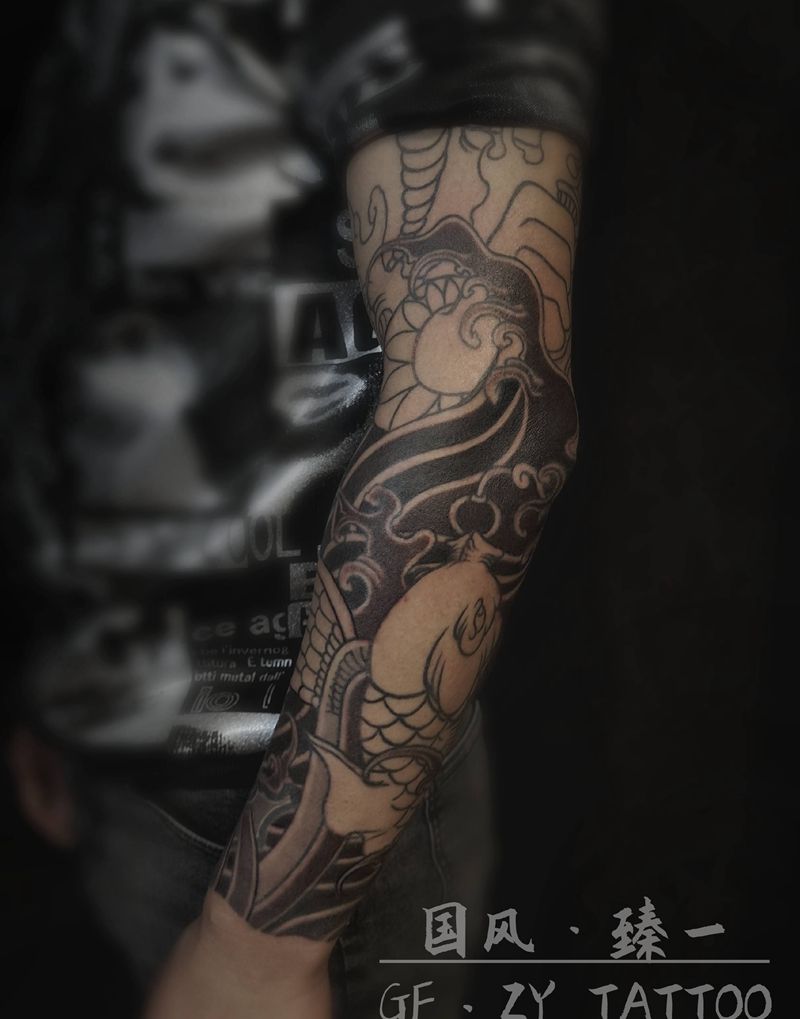 小臂背景完成【未完】纹身图片_手臂老传统纹身图案
