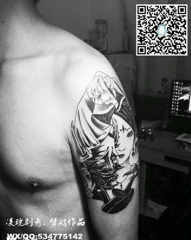 大臂艺妓纹身图片_手臂传统肖像清新人物成品纹身图案