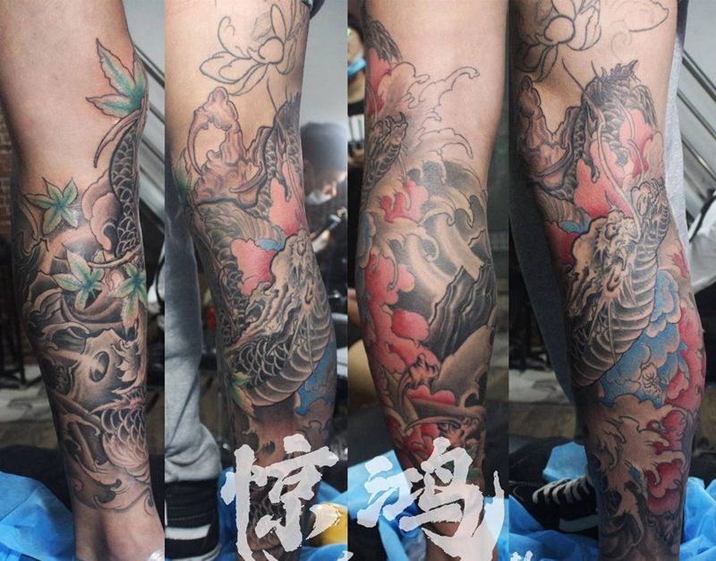旧线条修改上色纹身图片_腿部新传统纹身图案