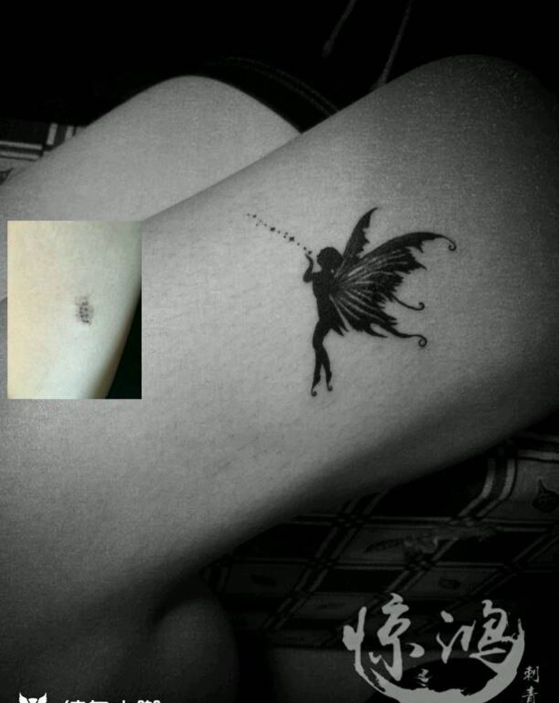 小精灵遮盖腿部胎记纹身图片_腿部清新动物人物成品纹身图案