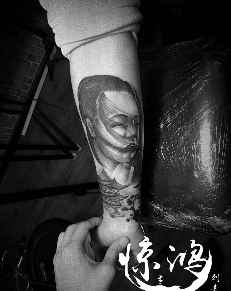 小臂 艺妓纹身图片_成品手臂肖像写实纹身图案