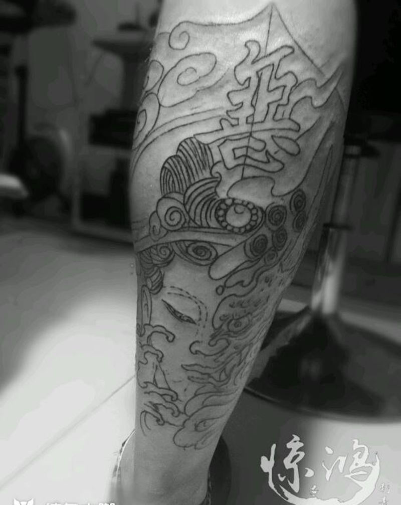 小腿线条纹身图片_腿部传统人物鬼神成品纹身图案