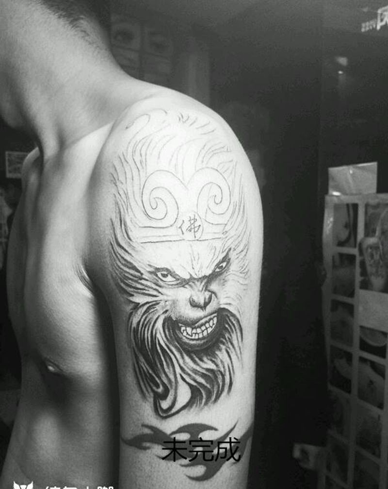 大臂斗战胜佛纹身图片_手臂传统人物鬼神成品纹身图案