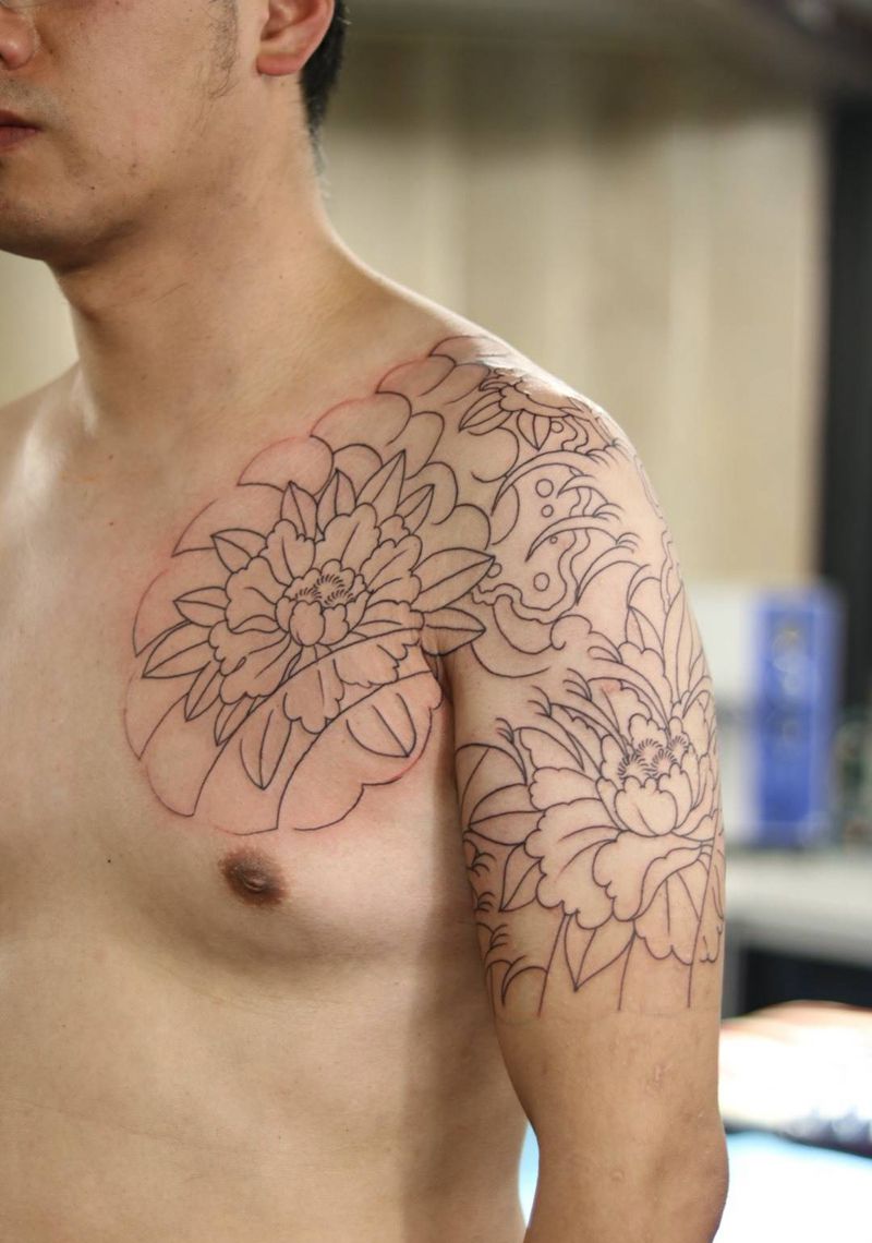 牡丹线条完成。纹身图片