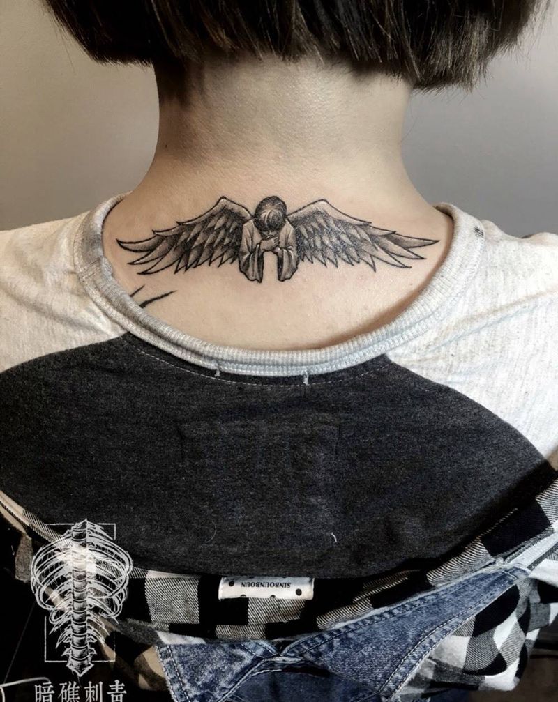 祈祷的天使奶奶纹身图片_成品手稿颈部欧美肖像原创宗教纹身图案