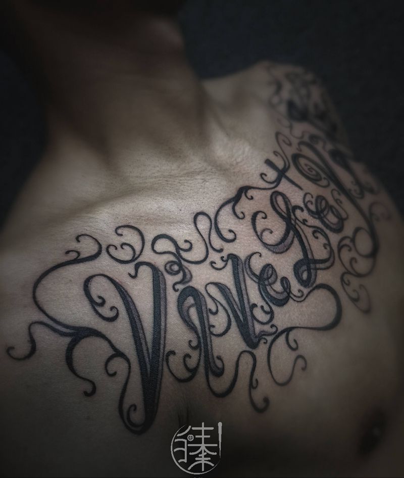 生命万岁纹身图片_胸部花体字纹身图案