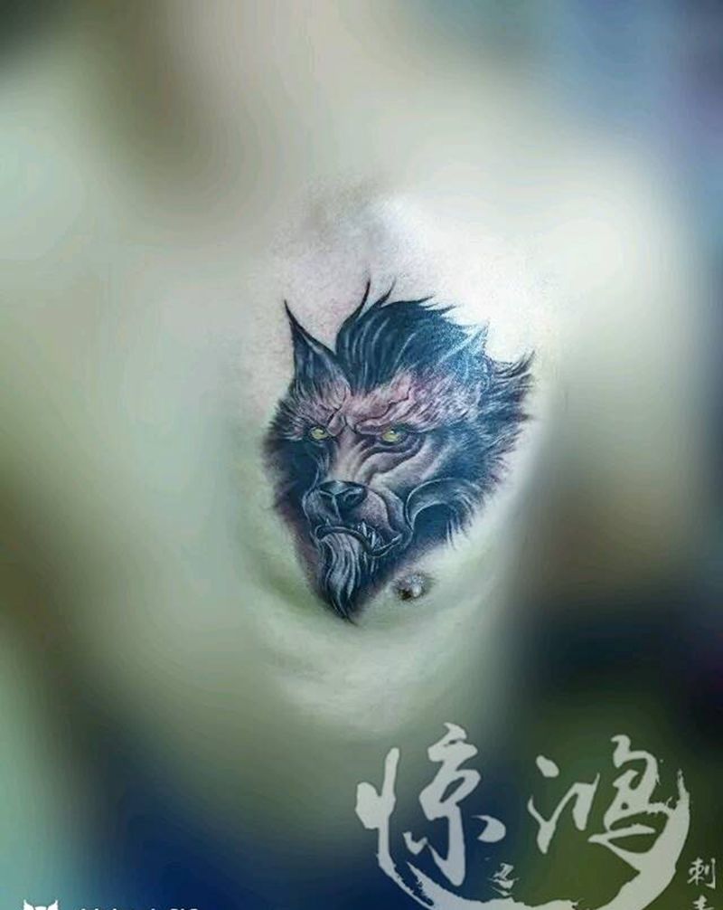 胸口.狼头纹身图片_胸部欧美写实动物鬼神成品纹身图案