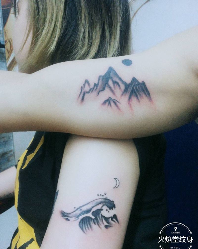 山水纹身图片_手臂新传统纹身图案