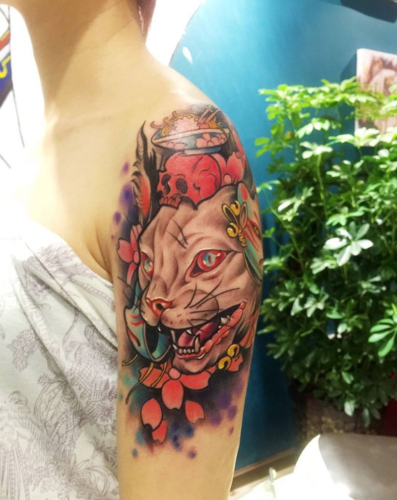喵星人.猫纹身图片_成品肩部手臂传统动物纹身图案