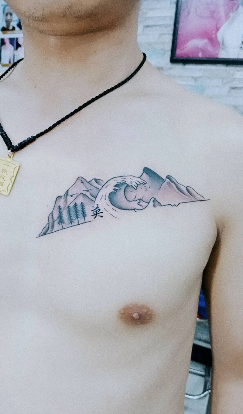 山水纹身图片_胸部新传统纹身图案