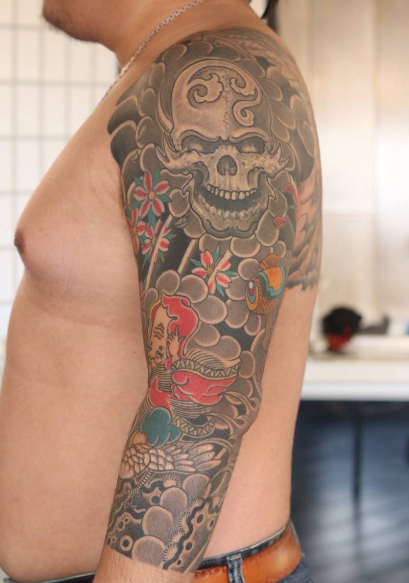 修改七分袖。纹身图片_成品手臂肩部传统原创人物鬼神纹身图案