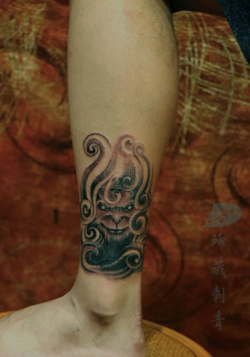 悟空纹身图片_脚部腿部老传统新传统猴子孙悟空纹身图案