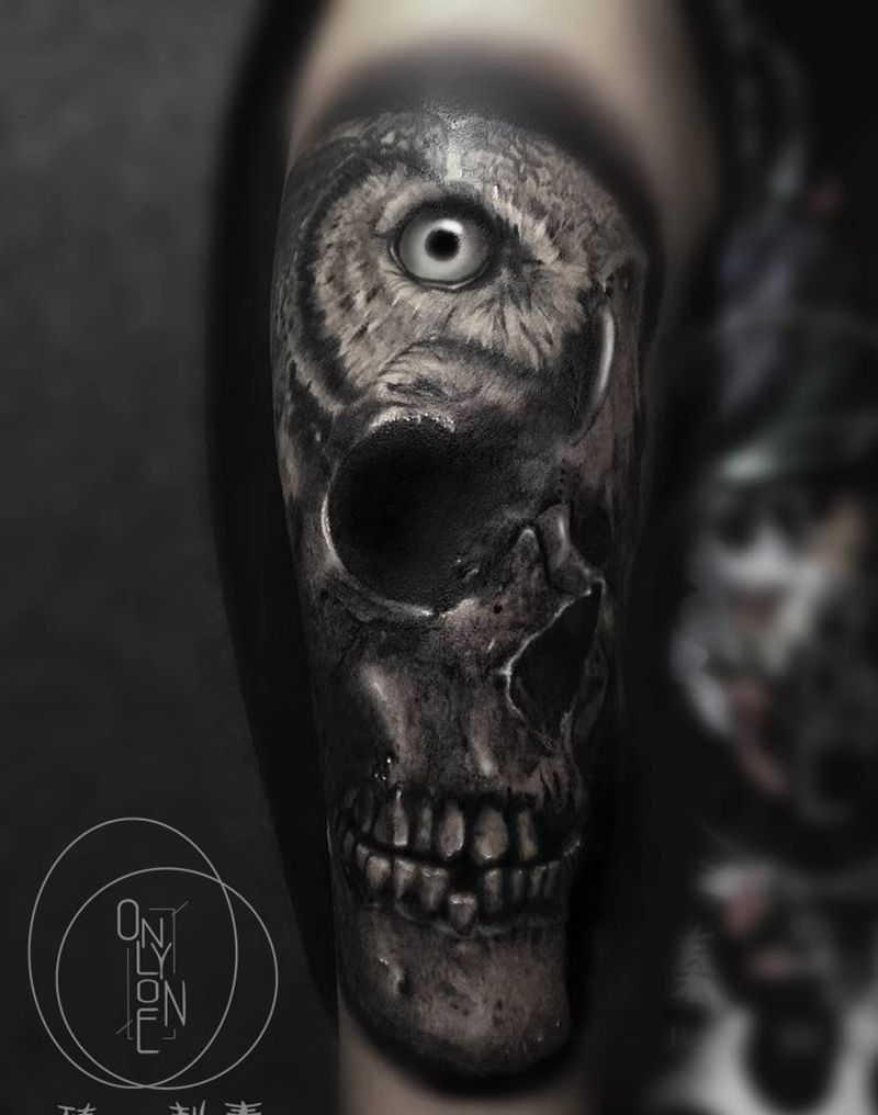 骷髅猫头鹰纹身图片_手臂欧美写实纹身图案