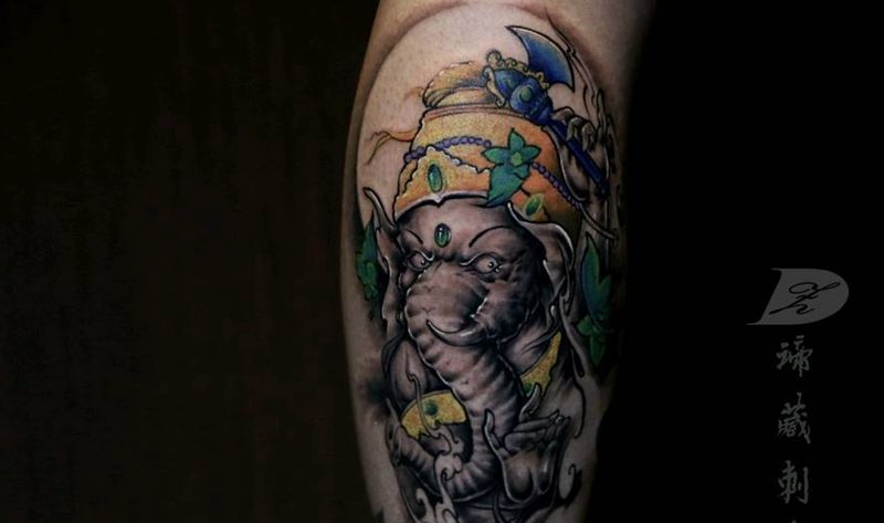 象神纹身图片_腿部手臂老传统新传统象神纹身图案