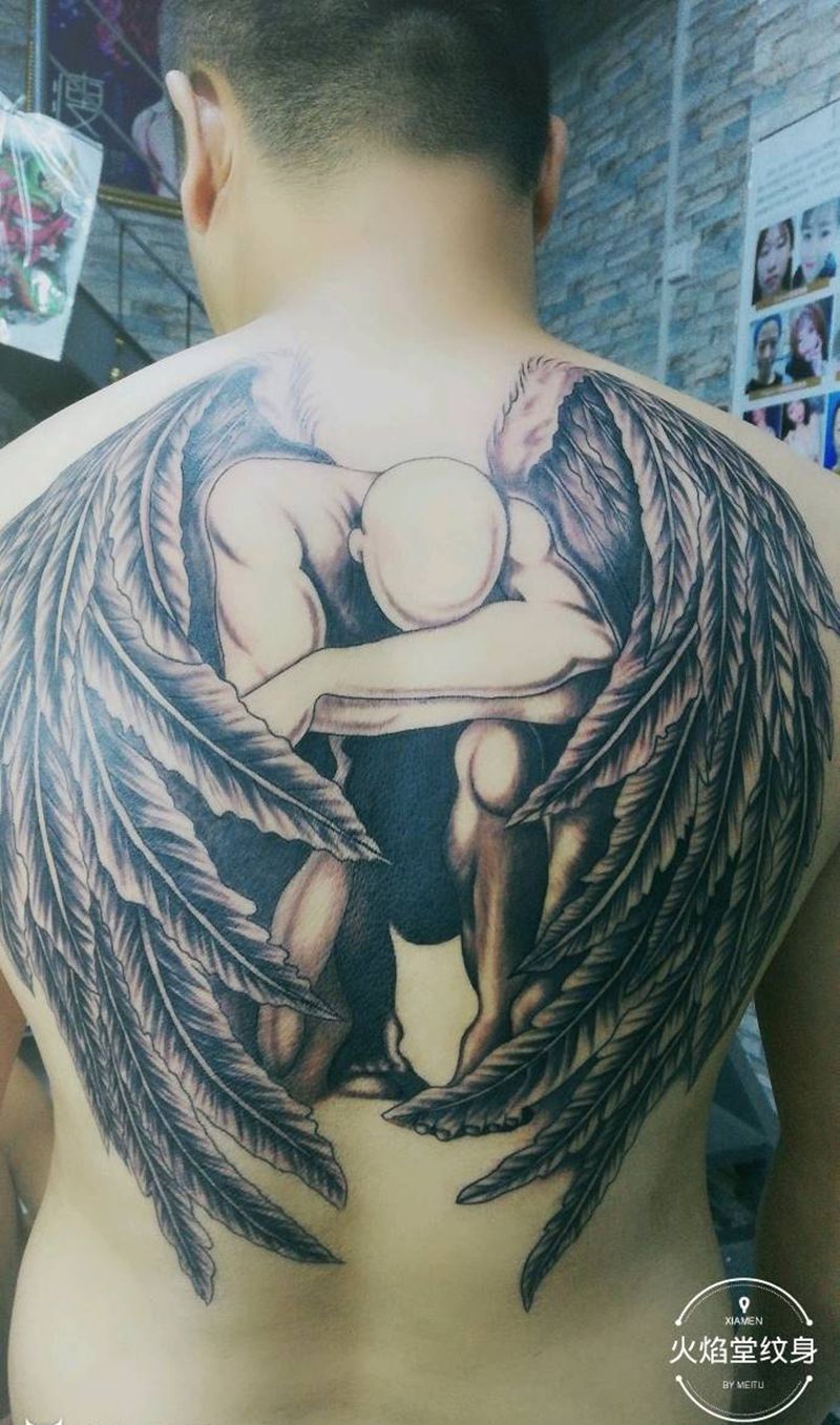 本店作品:守护天使纹身图片_背部新传统纹身图案