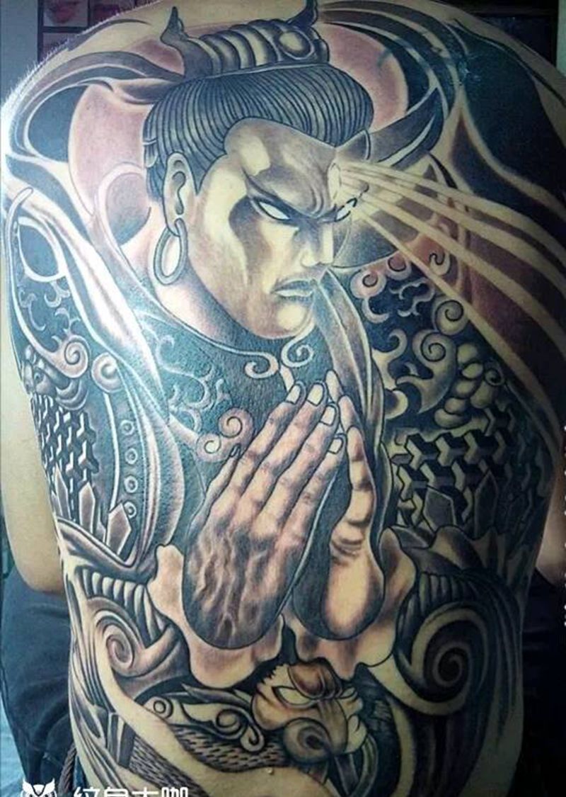 二郎神纹身图片_背部传统人物成品纹身图案