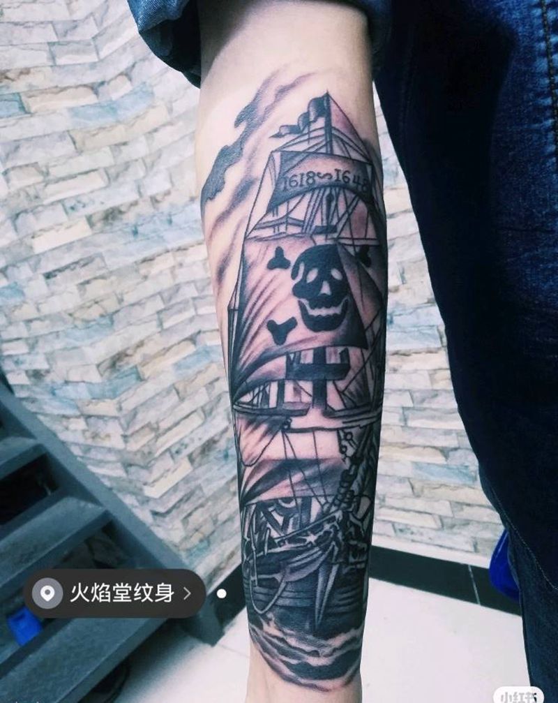海盗船纹身图片_手臂新传统纹身图案