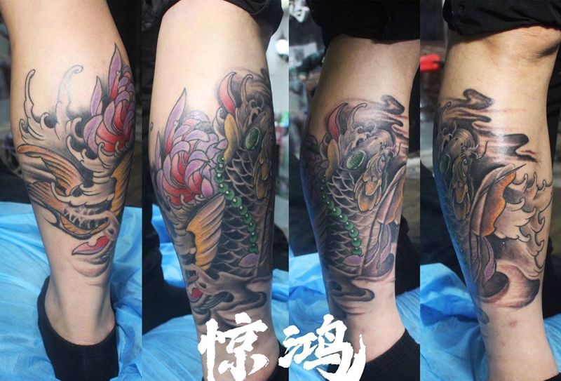富贵鲤鱼纹身图片_腿部新传统纹身图案
