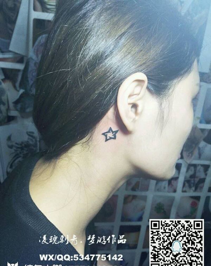 耳后星星⭐纹身图片_颈部清新几何字符成品纹身图案