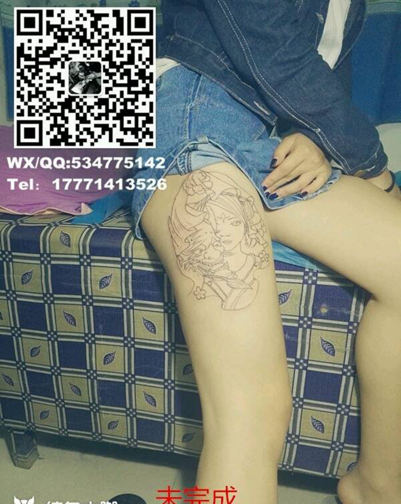 大腿艺妓纹身图片_腿部肖像清新写实人物成品纹身图案