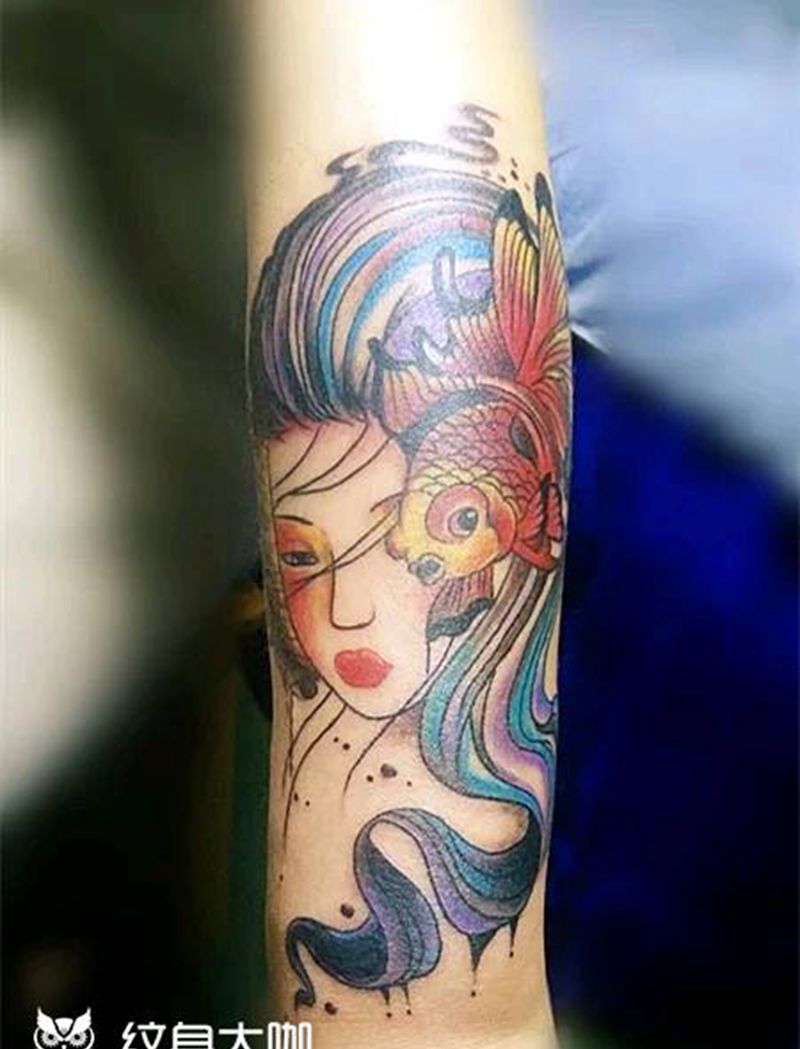 美人鱼纹身图片_手臂传统人物成品纹身图案