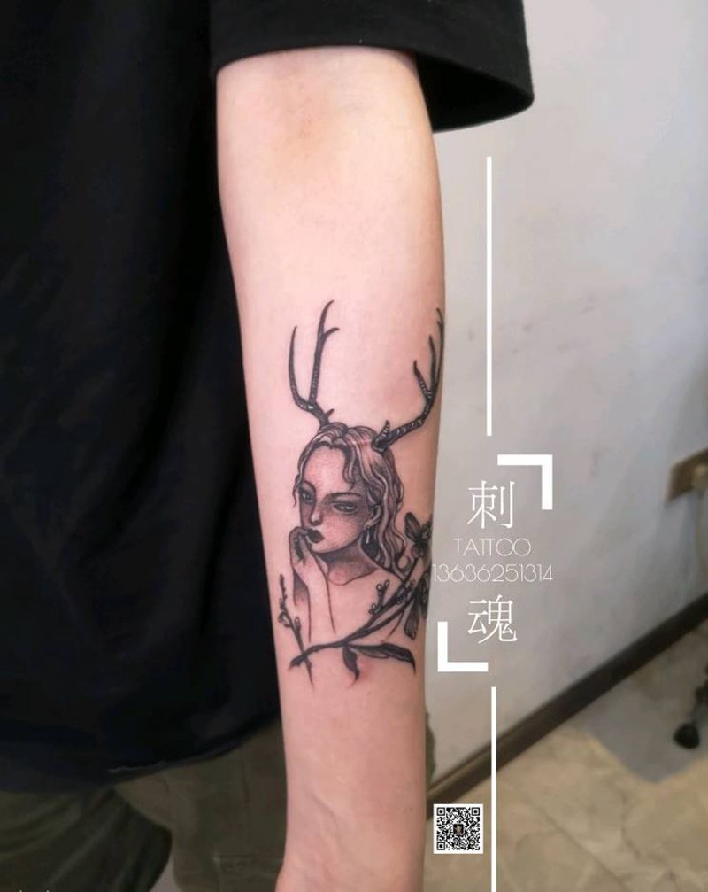 小清新人物美女纹身图片_手臂点刺纹身图案