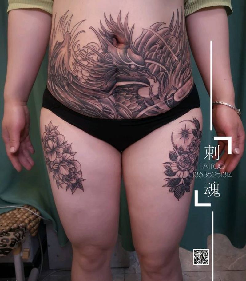 十堰刺魂疤痕遮盖纹身图片_腹部纹身图案