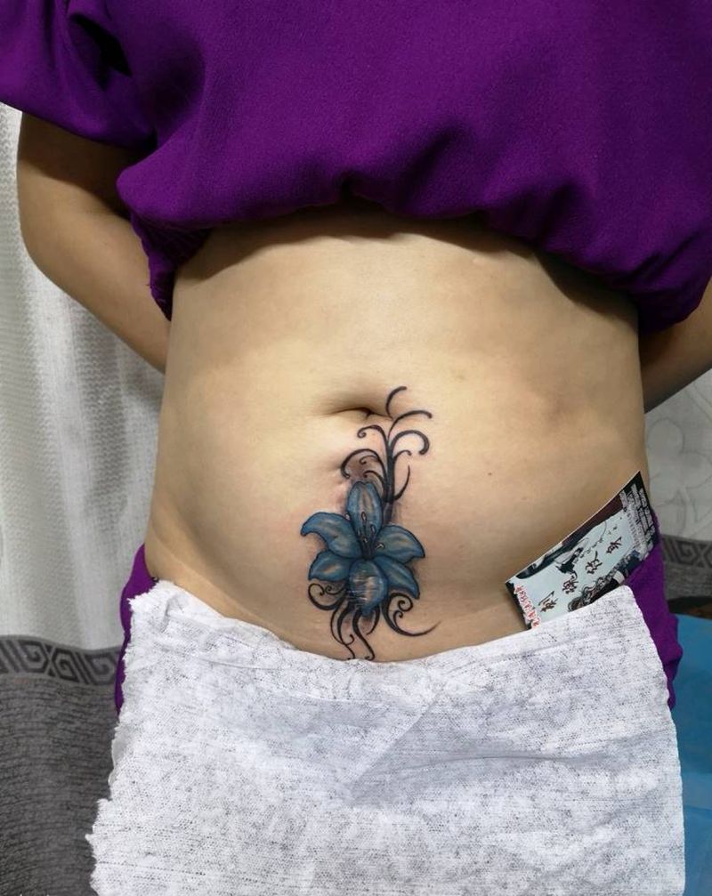 遮盖刨腹产疤痕纹身图片_腹部老传统纹身图案