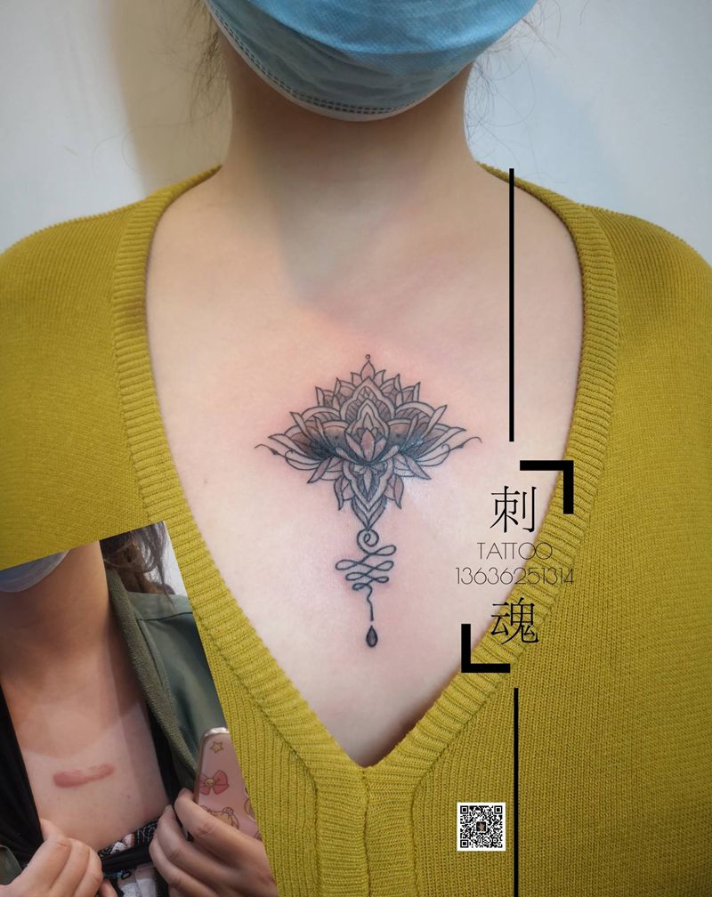 繁花纹身图片_胸部几何新传统纹身图案