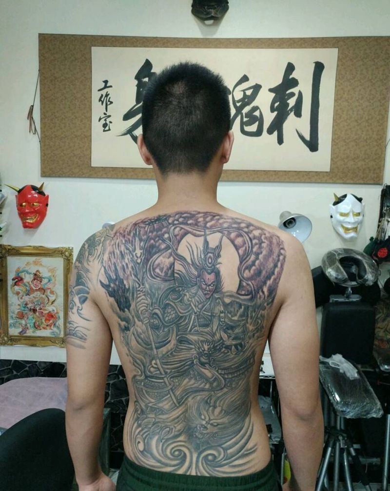 满背二郎神，纹身图片_背部传统人物宗教原创花絮生活成品手稿纹身图案