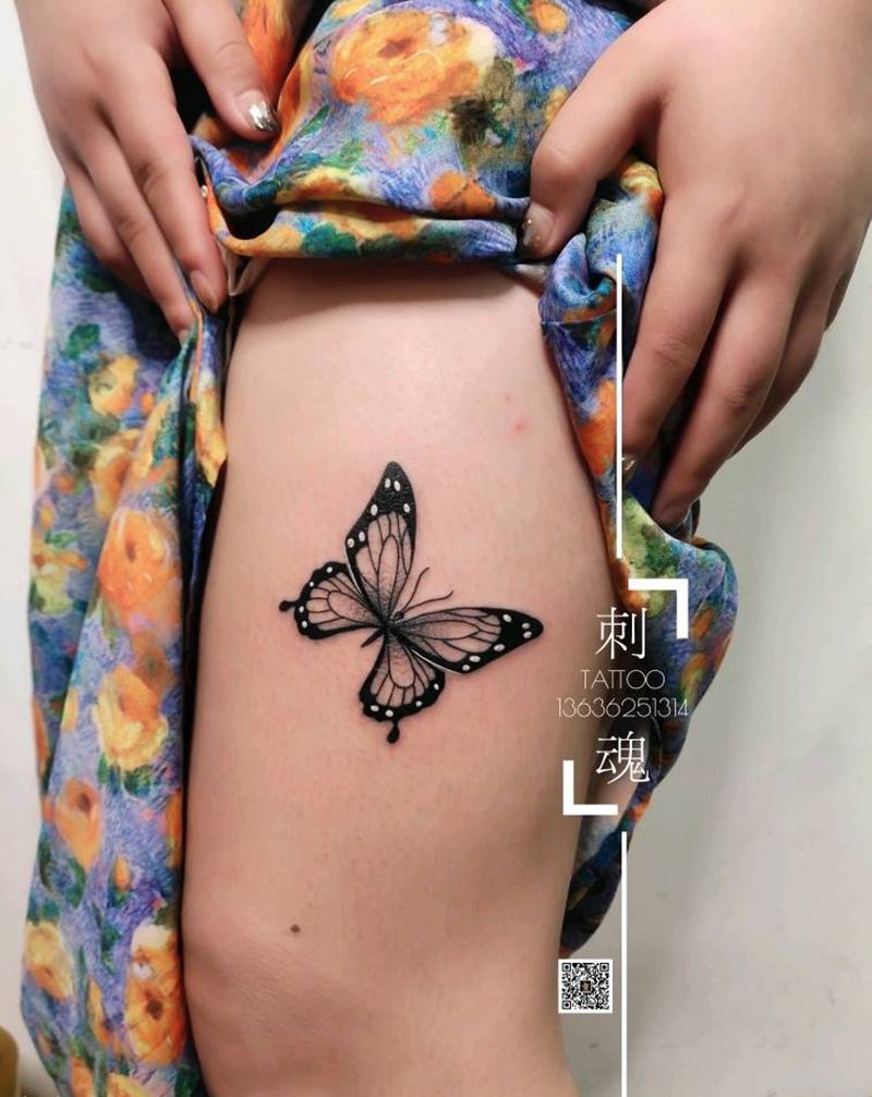 小清新蝴蝶纹身图片_腿部点刺纹身图案