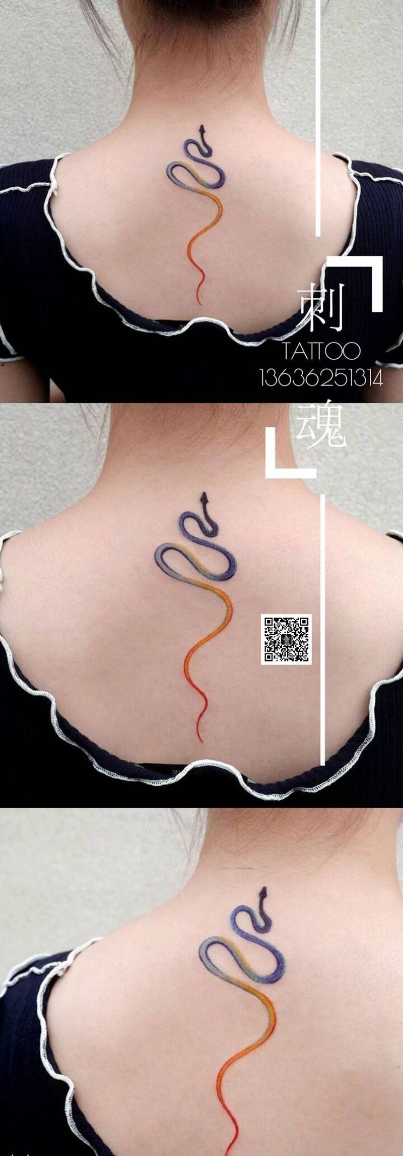 小蛇纹身图片_背部水彩几何纹身图案