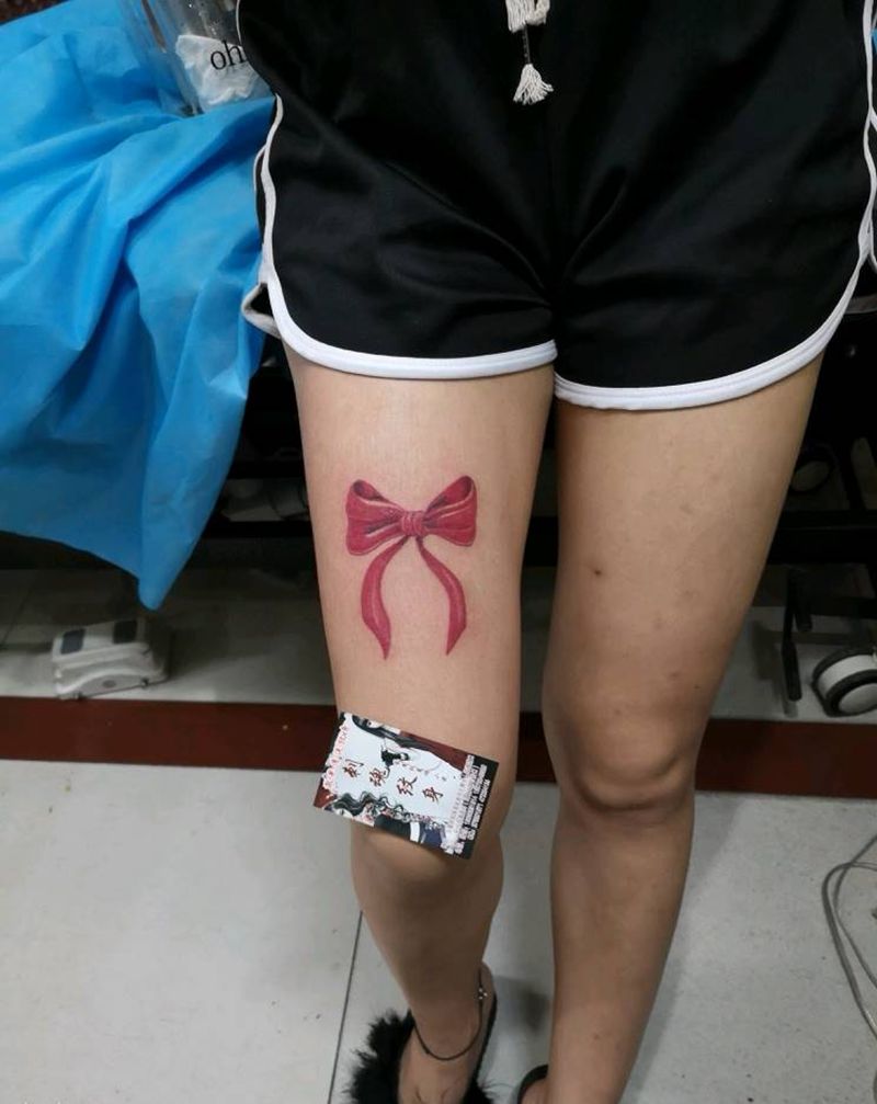 蝴蝶结纹身图片_腿部传统清新图腾原创成品手稿纹身图案