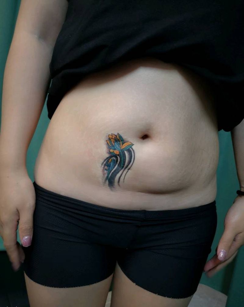 阑尾手术疤痕遮盖纹身图片_腹部水彩纹身图案