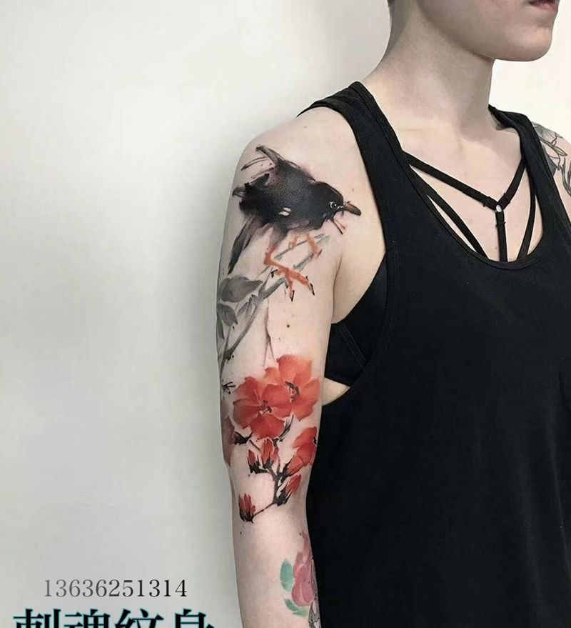 小花臂纹身图片_手臂水墨水彩纹身图案