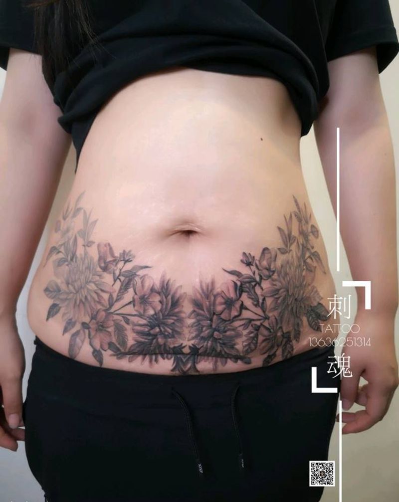 遮盖疤痕纹身图片_腹部点刺纹身图案