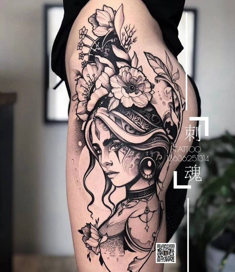 大腿美女纹身图片_腿部点刺新传统纹身图案