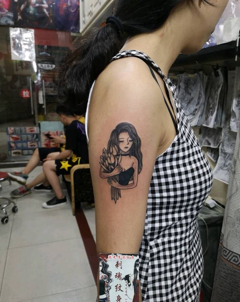 小清新美女纹身图片_手臂传统清新人物原创成品手稿插画纹身图案