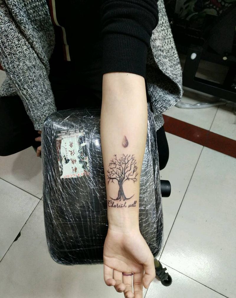 小清新，水滴，树，英文字纹身图片_传统清新几何静物花絮生活成品手稿纹身图案