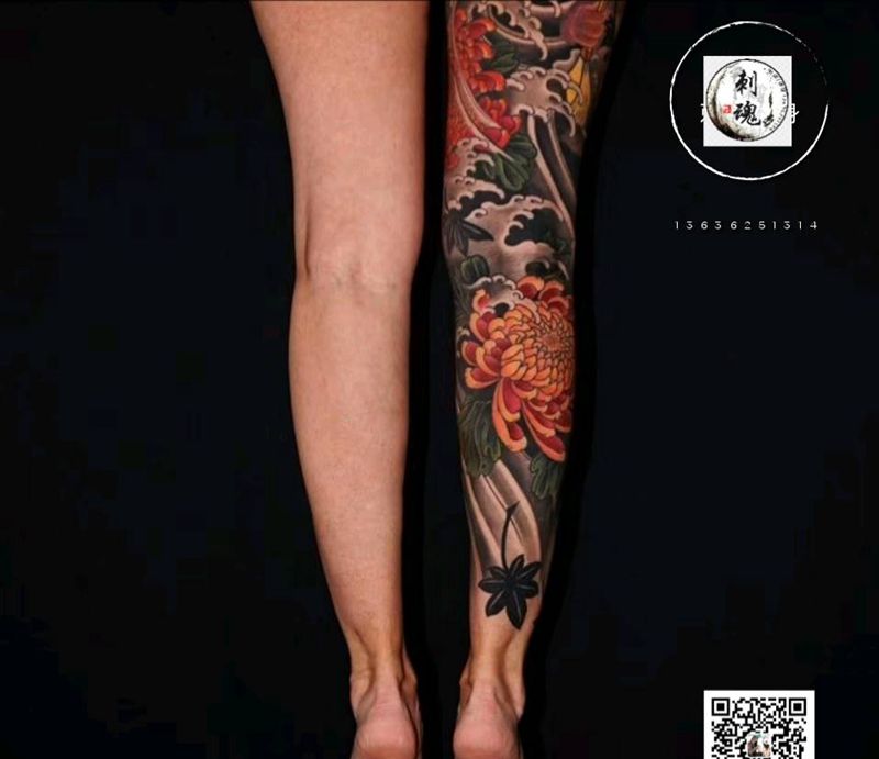 花腿纹身图片_腿部新传统纹身图案