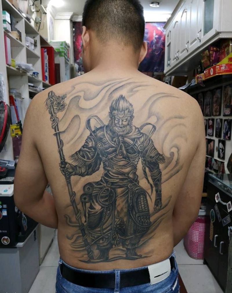 后背齐天大圣恢复后效果纹身图片_背部新传统纹身图案