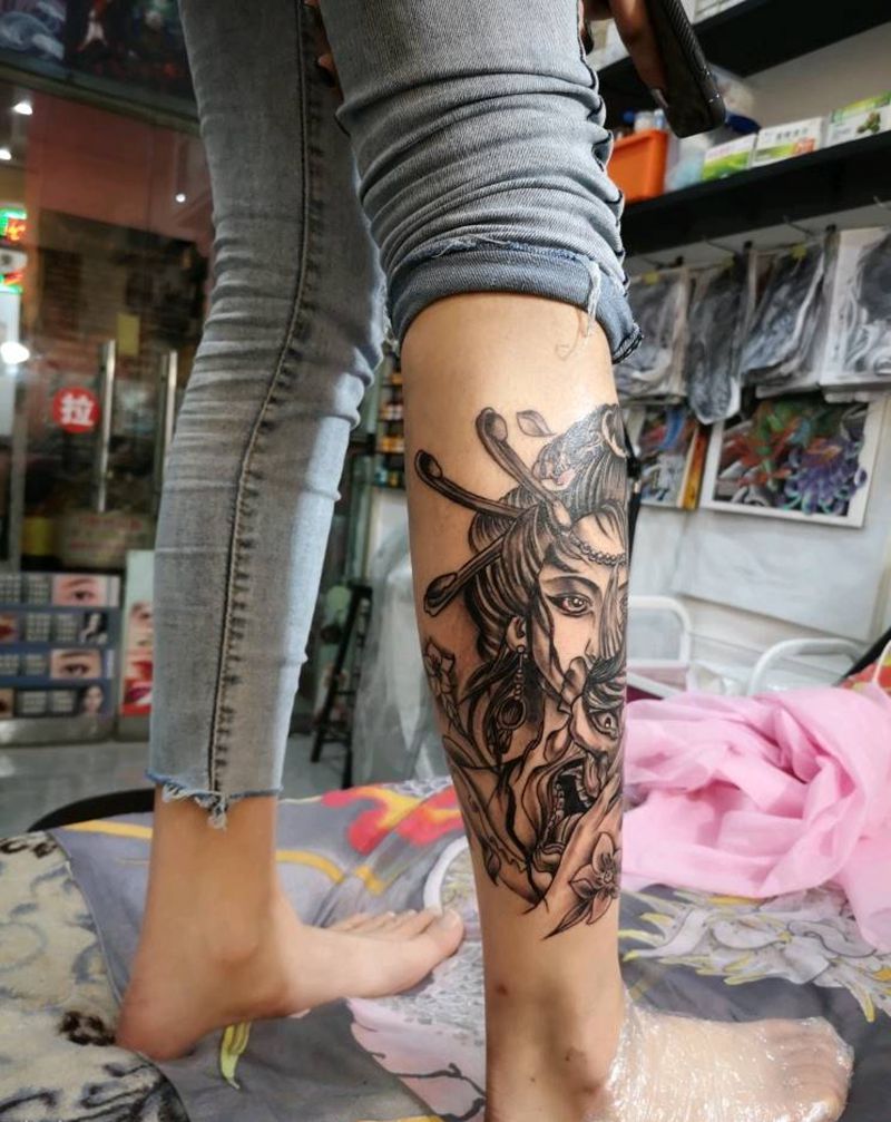 艺伎 虞姬纹身图片_腿部新传统纹身图案