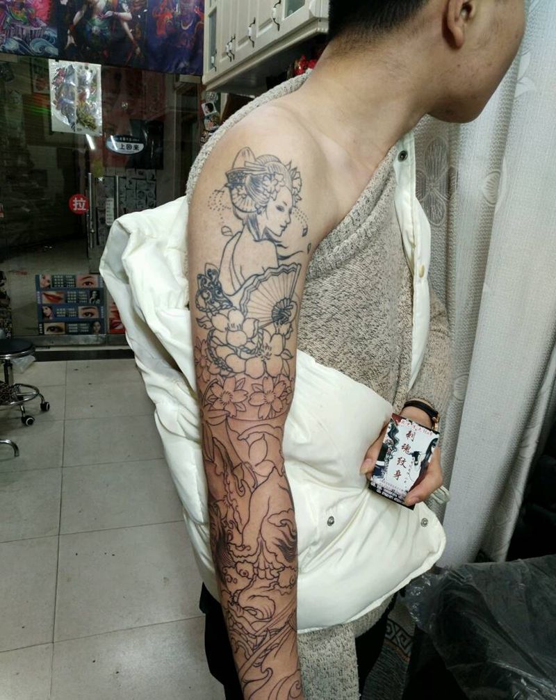 花臂线条纹身图片_手臂传统鬼神原创花絮生活成品纹身图案