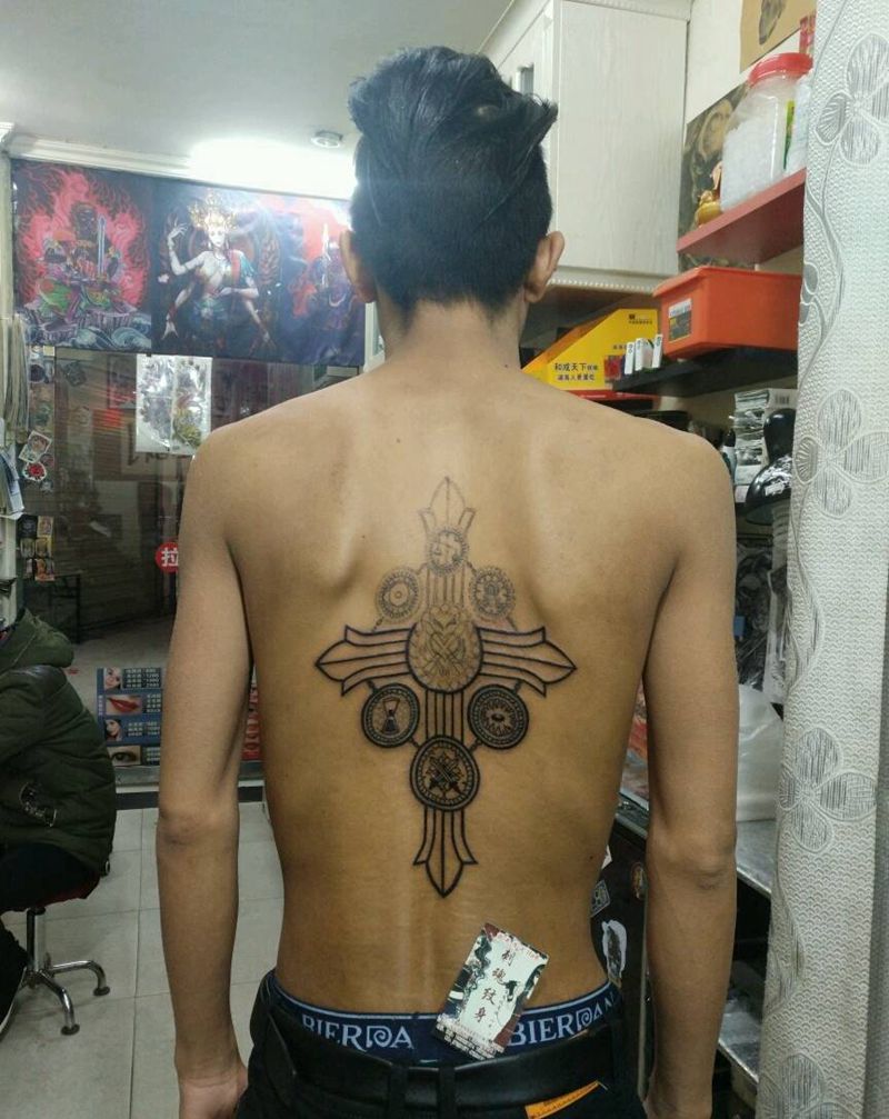 十字架 半成品纹身图片_背部传统几何图腾原创花絮生活成品手稿纹身图案
