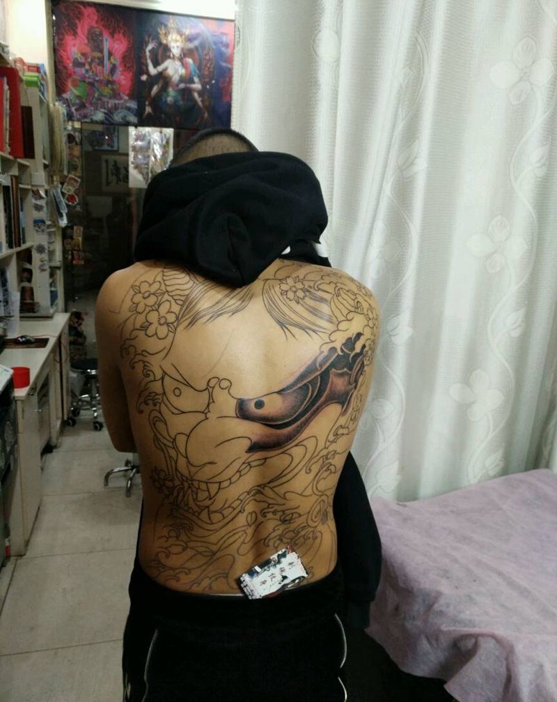 般喏制作花絮纹身图片_背部传统鬼神宗教原创花絮生活成品纹身图案