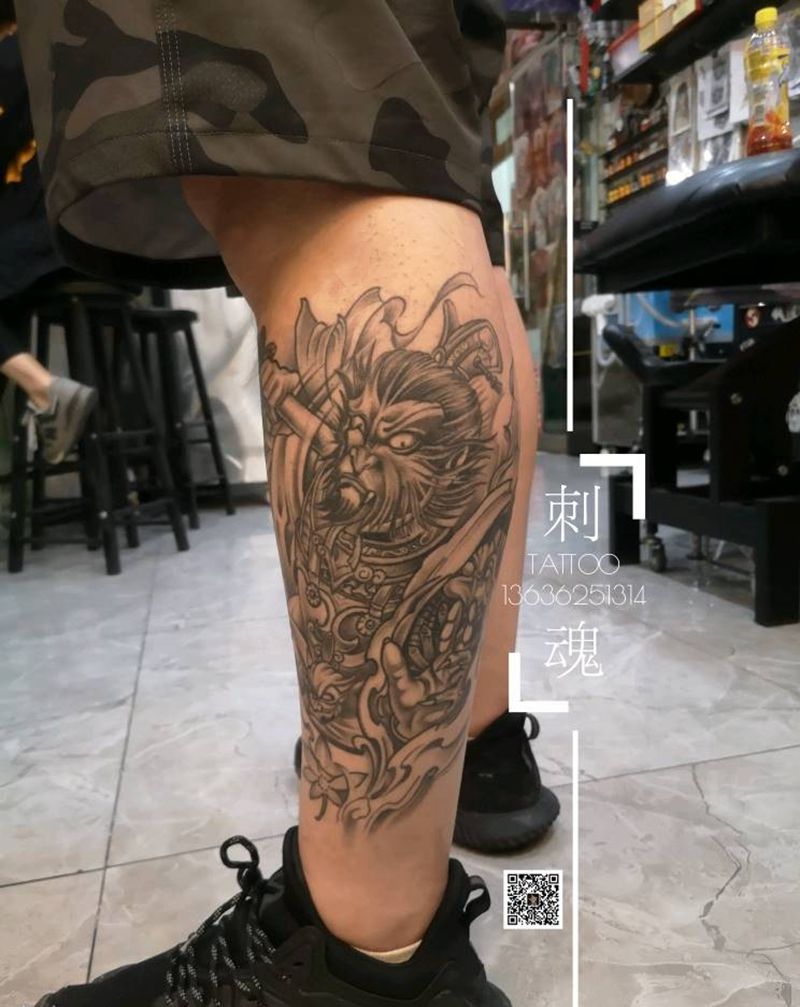 小腿猴子纹身图片_腿部新传统纹身图案